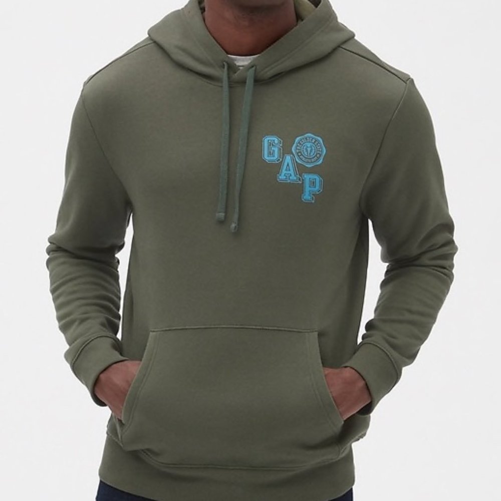 NWT GAP Men Athletic Fleece Pullover Logo Hoodie in Military Green